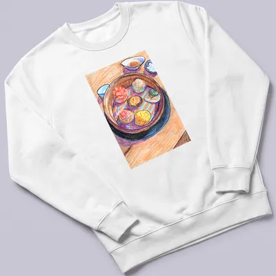 Colorful pastel illustration of dim sum with the text 'From Everyday Meals To Artwork' — printed on a unisex sweatshirt