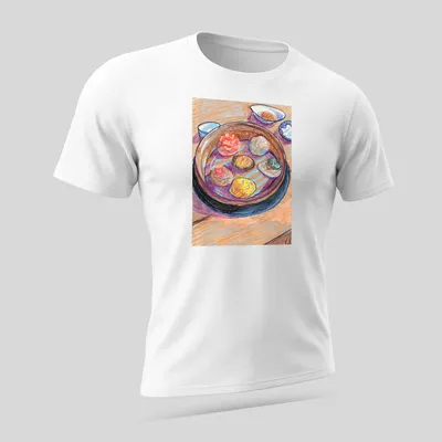 Colorful pastel illustration of dim sum with the text 'From Everyday Meals To Artwork' — printed on a unisex t-shirt (angled view)