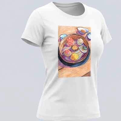Colorful pastel illustration of dim sum with the text 'From Everyday Meals To Artwork' — printed on a women's shirt