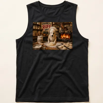 Photorealistic illustration of a dog baking bread with the text 'HAVING A RUFF DAY' — printed on a tank top