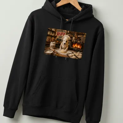 Photorealistic illustration of a dog baking bread with the text 'HAVING A RUFF DAY' — printed on a unisex hoodie