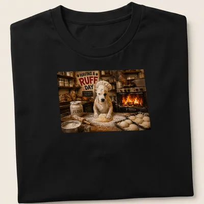 Photorealistic illustration of a dog baking bread with the text 'HAVING A RUFF DAY'