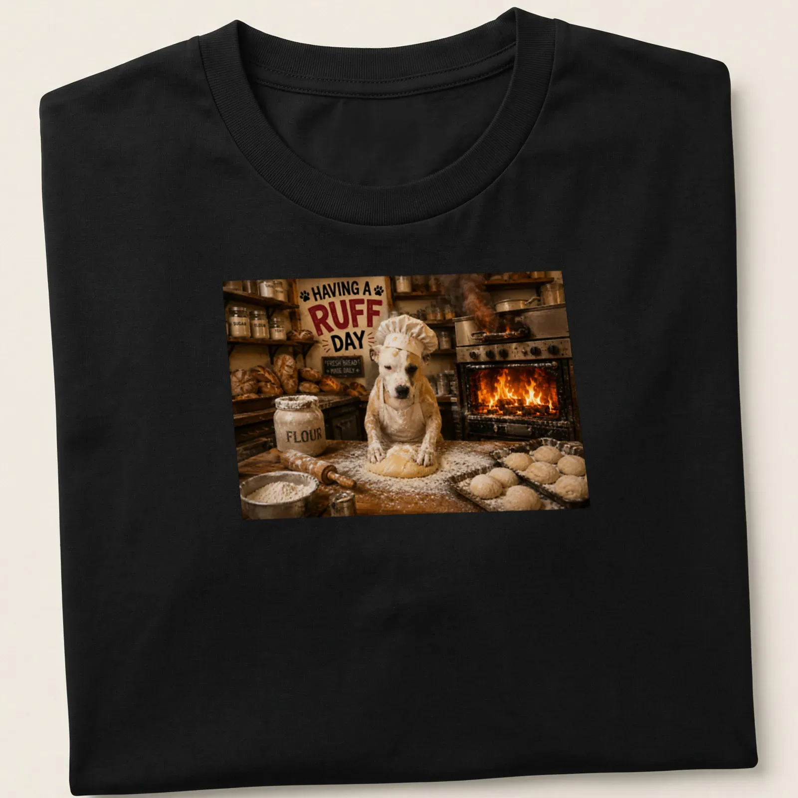 Photorealistic illustration of a dog baking bread with the text 'HAVING A RUFF DAY' — printed on a unisex t-shirt