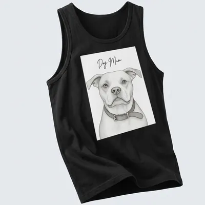 Sketch-style t-shirt displaying a 'Dog Mum' text with a dog illustration — printed on a tank top