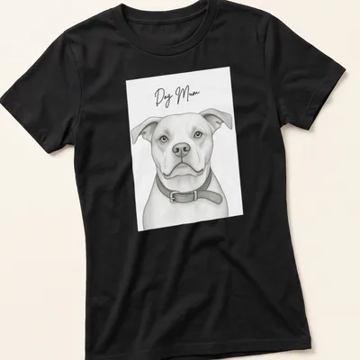 Sketch-style t-shirt displaying a 'Dog Mum' text with a dog illustration — printed on a women's shirt