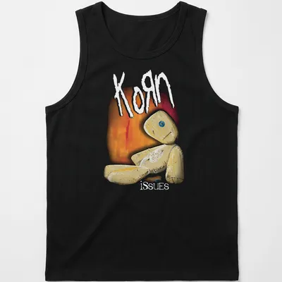 Illustrative print featuring a quirky doll and the text Korn issues in playful colors. — printed on a tank top