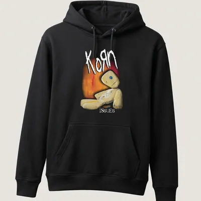 Illustrative print featuring a quirky doll and the text Korn issues in playful colors. — printed on a unisex hoodie