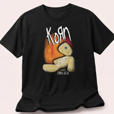 Illustrative print featuring a quirky doll and the text Korn issues in playful colors.