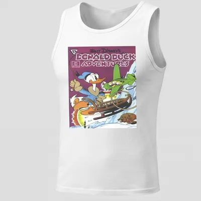 Donald Duck Adventures t-shirt featuring comic-style illustration of Donald Duck — printed on a tank top