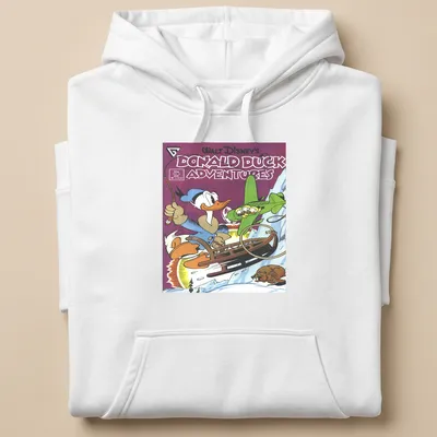 Donald Duck Adventures t-shirt featuring comic-style illustration of Donald Duck — printed on a unisex hoodie