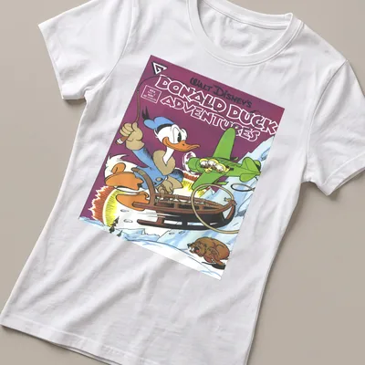 Donald Duck Adventures t-shirt featuring comic-style illustration of Donald Duck — printed on a women's shirt