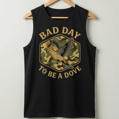 Camo print shirt featuring a dove and the text 'BAD DAY TO BE A DOVE' — printed on a tank top