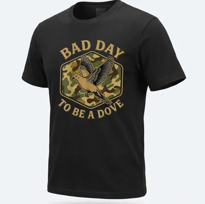 Camo print shirt featuring a dove and the text 'BAD DAY TO BE A DOVE'
