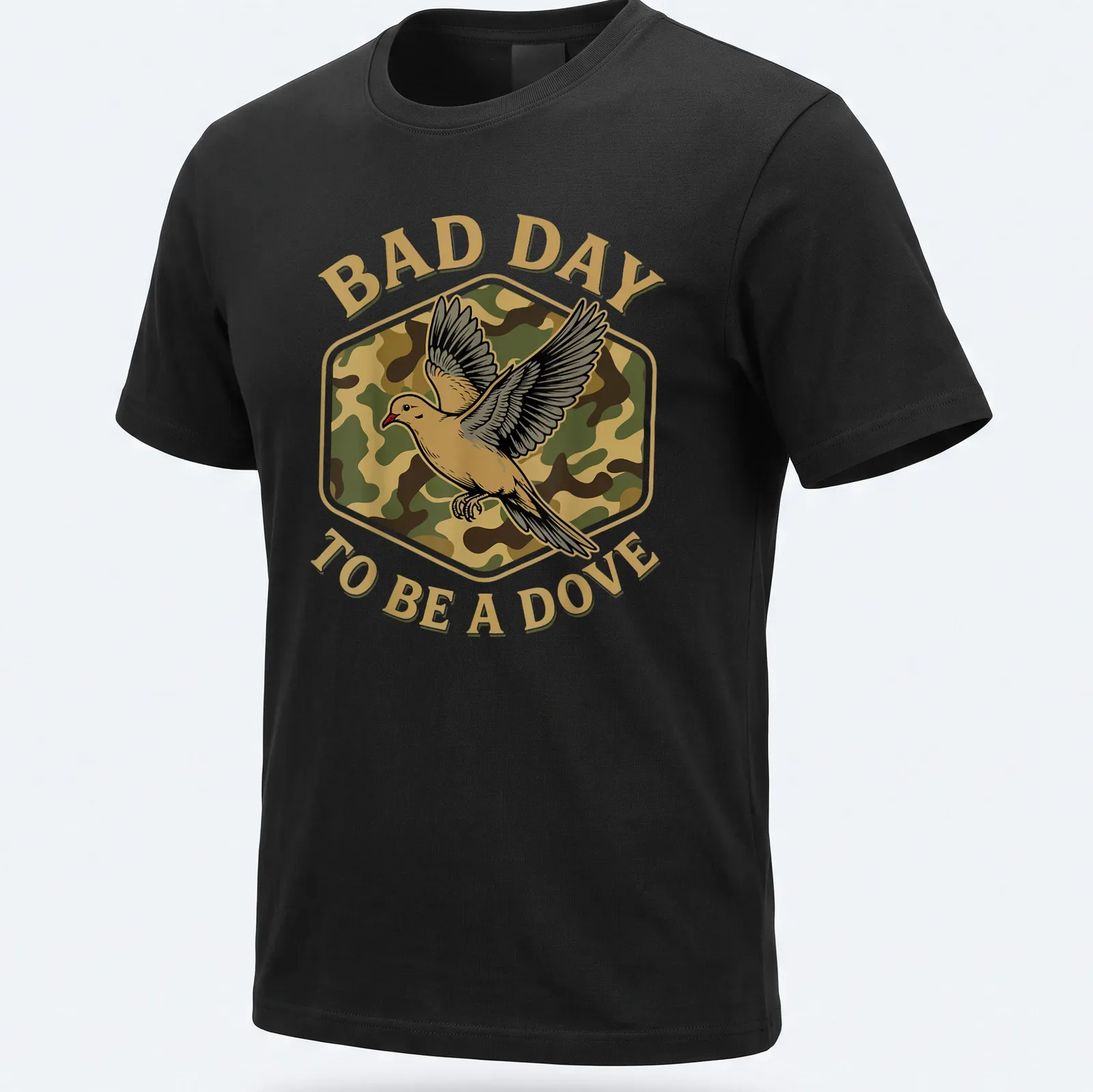 Camo print shirt featuring a dove and the text 'BAD DAY TO BE A DOVE' — printed on a unisex t-shirt