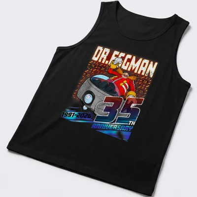 Distressed Dr. Eggman 35 Anniversary t-shirt with bold text in vibrant colors — printed on a tank top