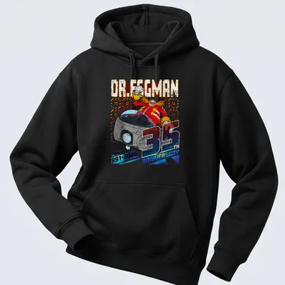 Distressed Dr. Eggman 35 Anniversary t-shirt with bold text in vibrant colors — printed on a unisex hoodie