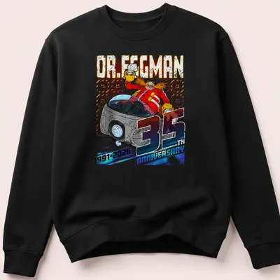 Distressed Dr. Eggman 35 Anniversary t-shirt with bold text in vibrant colors — printed on a unisex sweatshirt