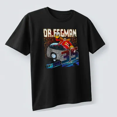 Distressed Dr. Eggman 35 Anniversary t-shirt with bold text in vibrant colors — printed on a unisex t-shirt (angled view)