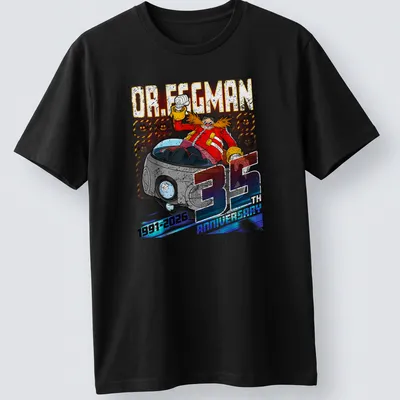 Distressed Dr. Eggman 35 Anniversary t-shirt with bold text in vibrant colors