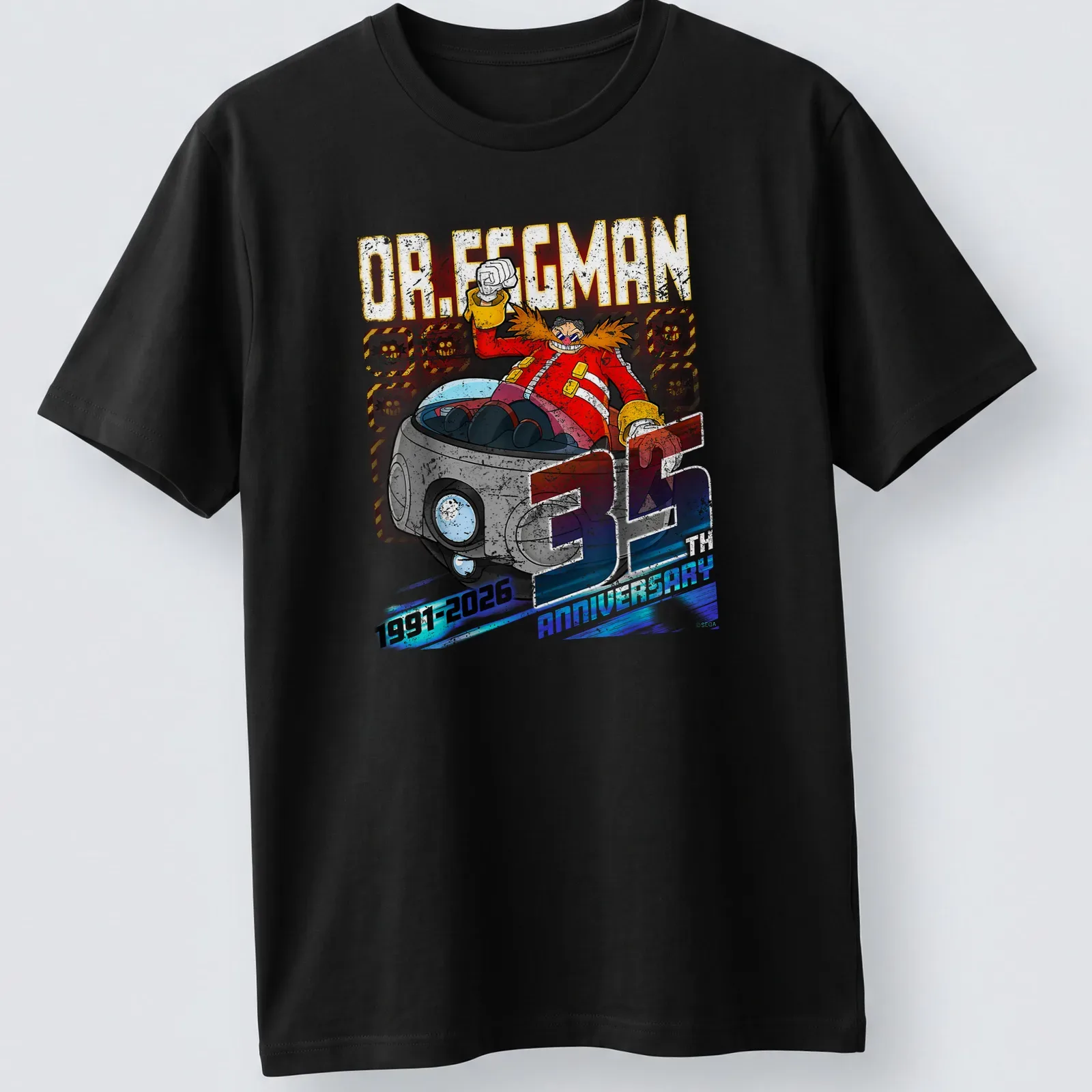 Distressed Dr. Eggman 35 Anniversary t-shirt with bold text in vibrant colors — printed on a unisex t-shirt
