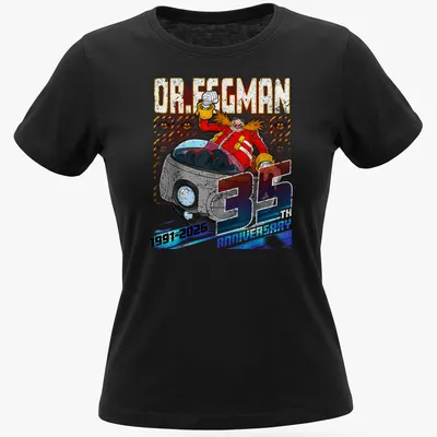 Distressed Dr. Eggman 35 Anniversary t-shirt with bold text in vibrant colors — printed on a women's shirt
