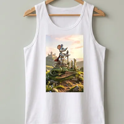 3D fantasy illustration of a Dragon Slayer Mouse with vibrant colors — printed on a tank top
