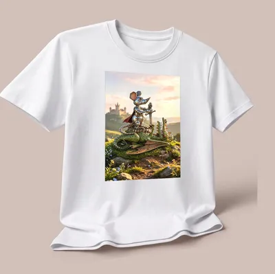 3D fantasy illustration of a Dragon Slayer Mouse with vibrant colors — printed on a unisex t-shirt (angled view)