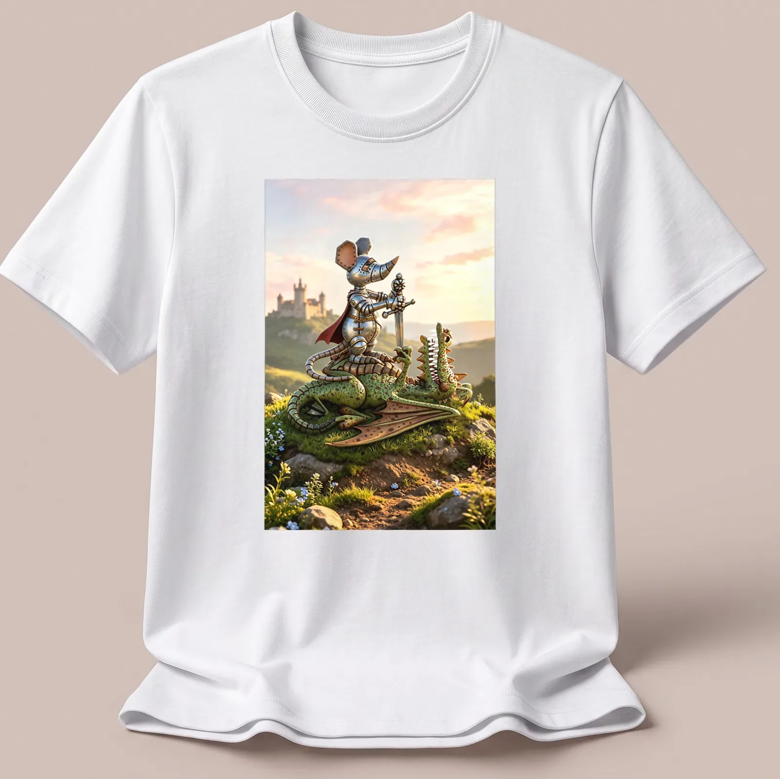 3D fantasy illustration of a Dragon Slayer Mouse with vibrant colors — printed on a unisex t-shirt