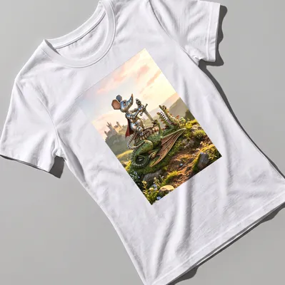 3D fantasy illustration of a Dragon Slayer Mouse with vibrant colors — printed on a women's shirt