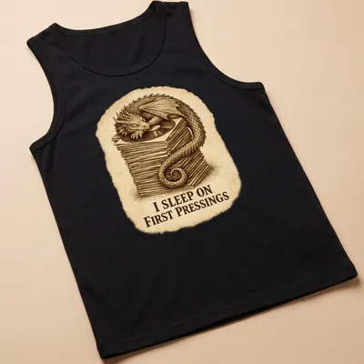 Vintage illustration of a dragon sleeping on vinyl records with humorous text — printed on a tank top