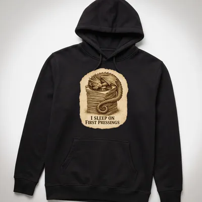 Vintage illustration of a dragon sleeping on vinyl records with humorous text — printed on a unisex hoodie