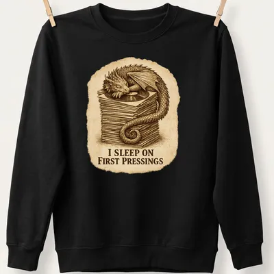 Vintage illustration of a dragon sleeping on vinyl records with humorous text — printed on a unisex sweatshirt