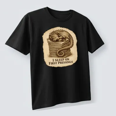 Vintage illustration of a dragon sleeping on vinyl records with humorous text — printed on a unisex t-shirt (angled view)