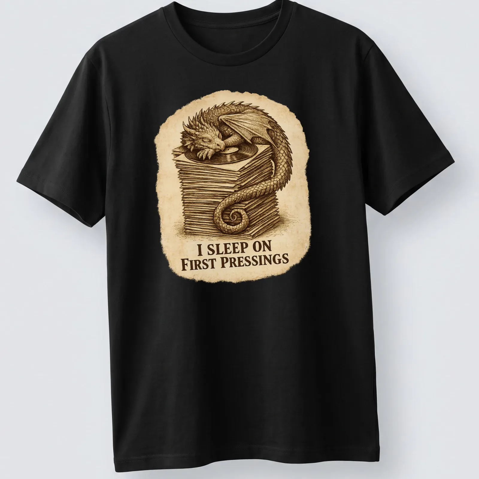 Vintage illustration of a dragon sleeping on vinyl records with humorous text — printed on a unisex t-shirt