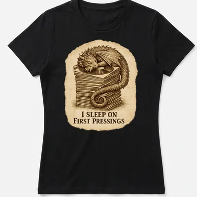 Vintage illustration of a dragon sleeping on vinyl records with humorous text — printed on a women's shirt