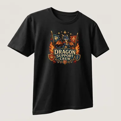 Vintage heraldic Dragon Support Crew t-shirt in bold colors — printed on a unisex t-shirt (angled view)