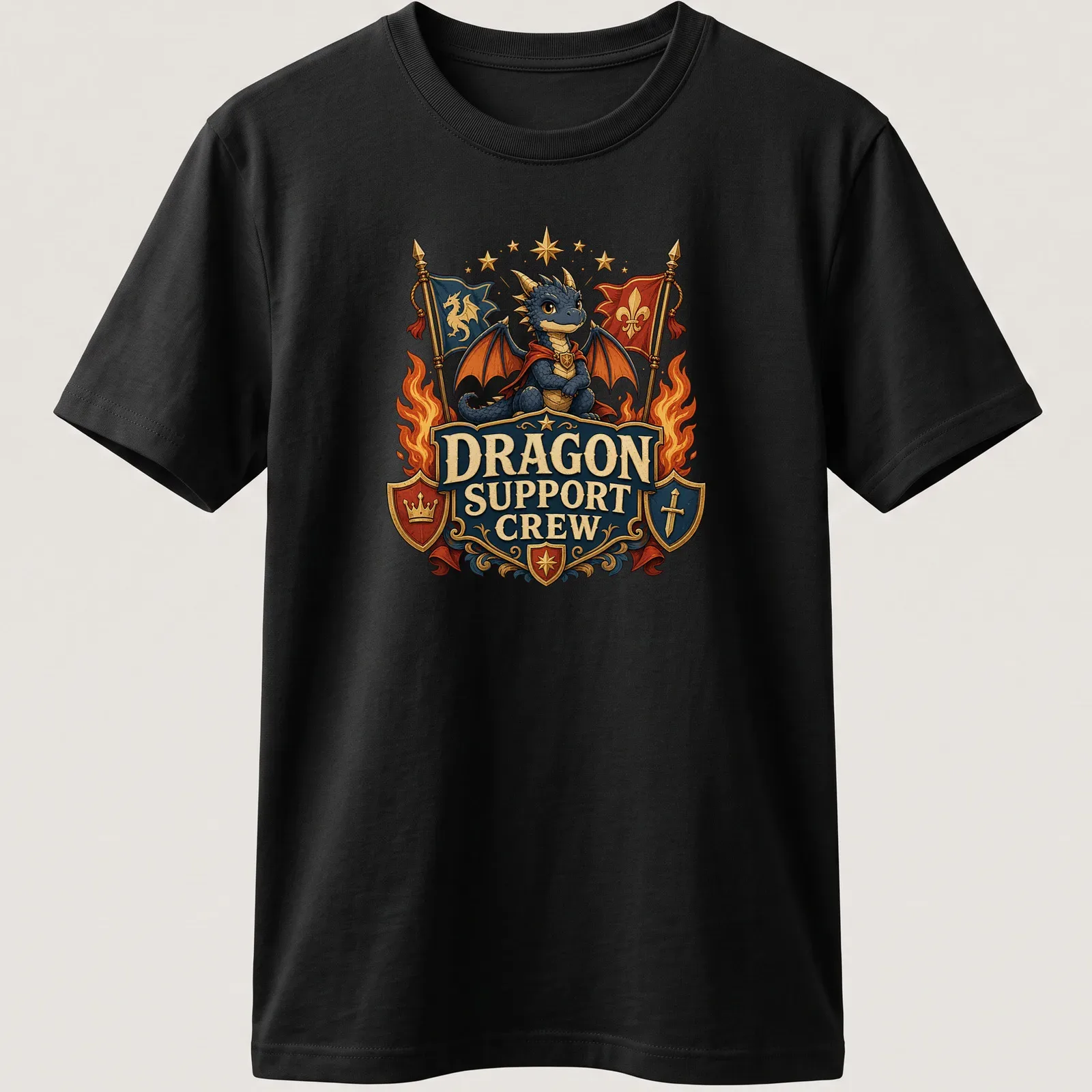 Vintage heraldic Dragon Support Crew t-shirt in bold colors — printed on a unisex t-shirt