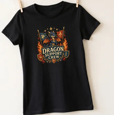 Vintage heraldic Dragon Support Crew t-shirt in bold colors — printed on a women's shirt