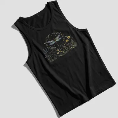 Vintage botanical illustration of a dragonfly among colorful wildflowers — printed on a tank top