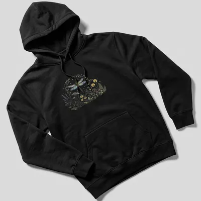 Vintage botanical illustration of a dragonfly among colorful wildflowers — printed on a unisex hoodie
