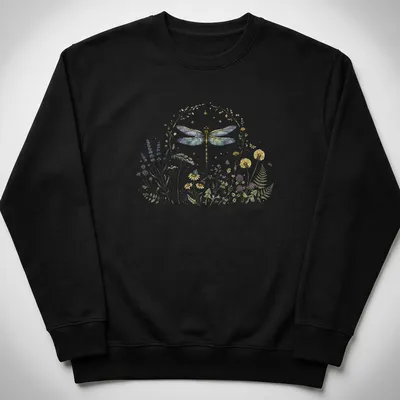 Vintage botanical illustration of a dragonfly among colorful wildflowers — printed on a unisex sweatshirt