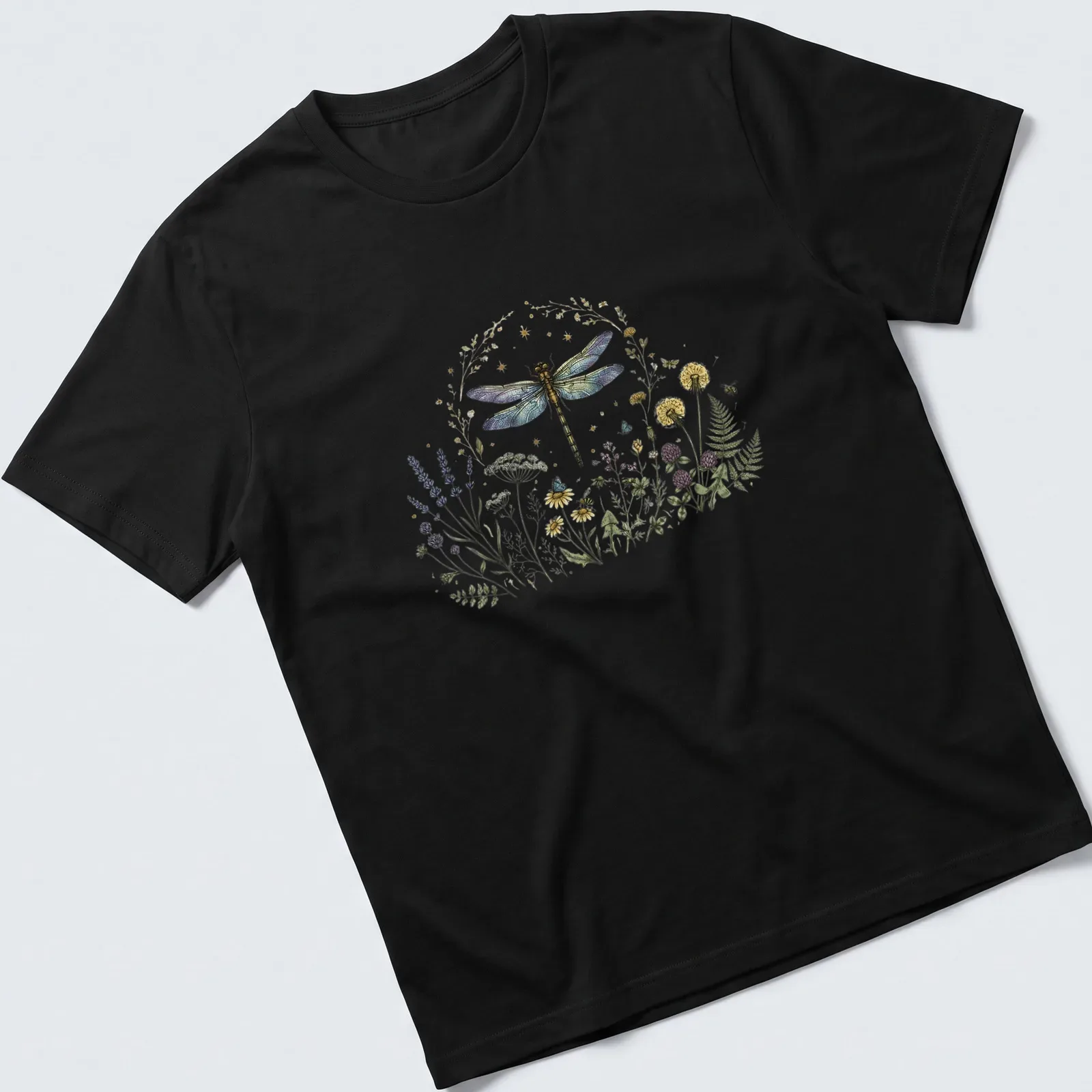 Vintage botanical illustration of a dragonfly among colorful wildflowers — printed on a unisex t-shirt