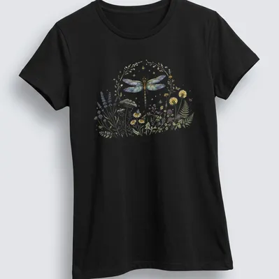 Vintage botanical illustration of a dragonfly among colorful wildflowers — printed on a women's shirt