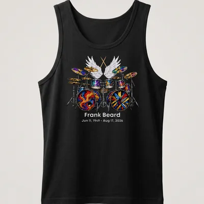 Colorful drum set illustration honoring Frank Beard's legacy — printed on a tank top