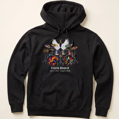 Colorful drum set illustration honoring Frank Beard's legacy — printed on a unisex hoodie