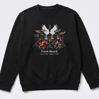 Colorful drum set illustration honoring Frank Beard's legacy — printed on a unisex sweatshirt