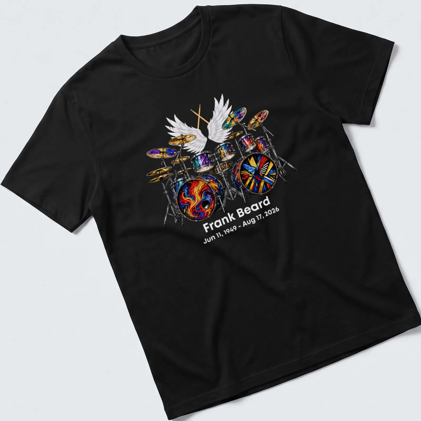 Colorful drum set illustration honoring Frank Beard's legacy — printed on a unisex t-shirt