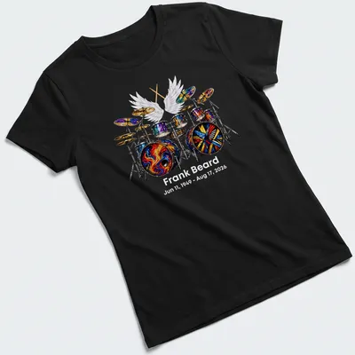Colorful drum set illustration honoring Frank Beard's legacy — printed on a women's shirt