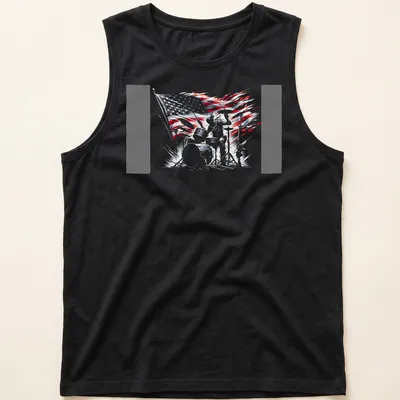 Dynamic sketch of a drummer with an American flag background in red, white, blue, and black — printed on a tank top