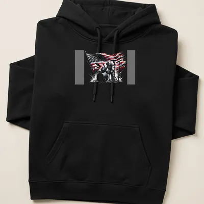 Dynamic sketch of a drummer with an American flag background in red, white, blue, and black — printed on a unisex hoodie